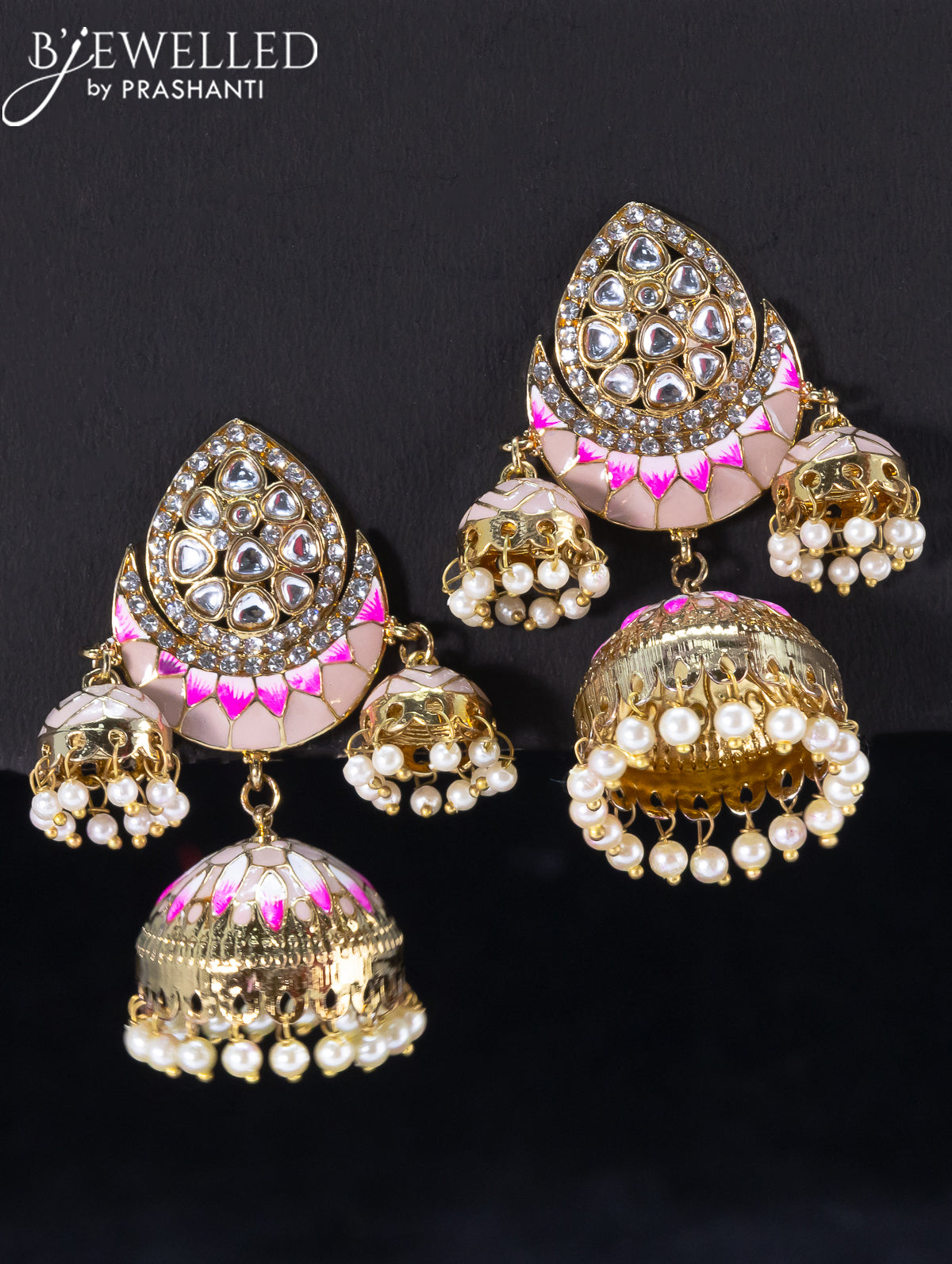 Light weight jhumka with beige minakari and pearl hangings