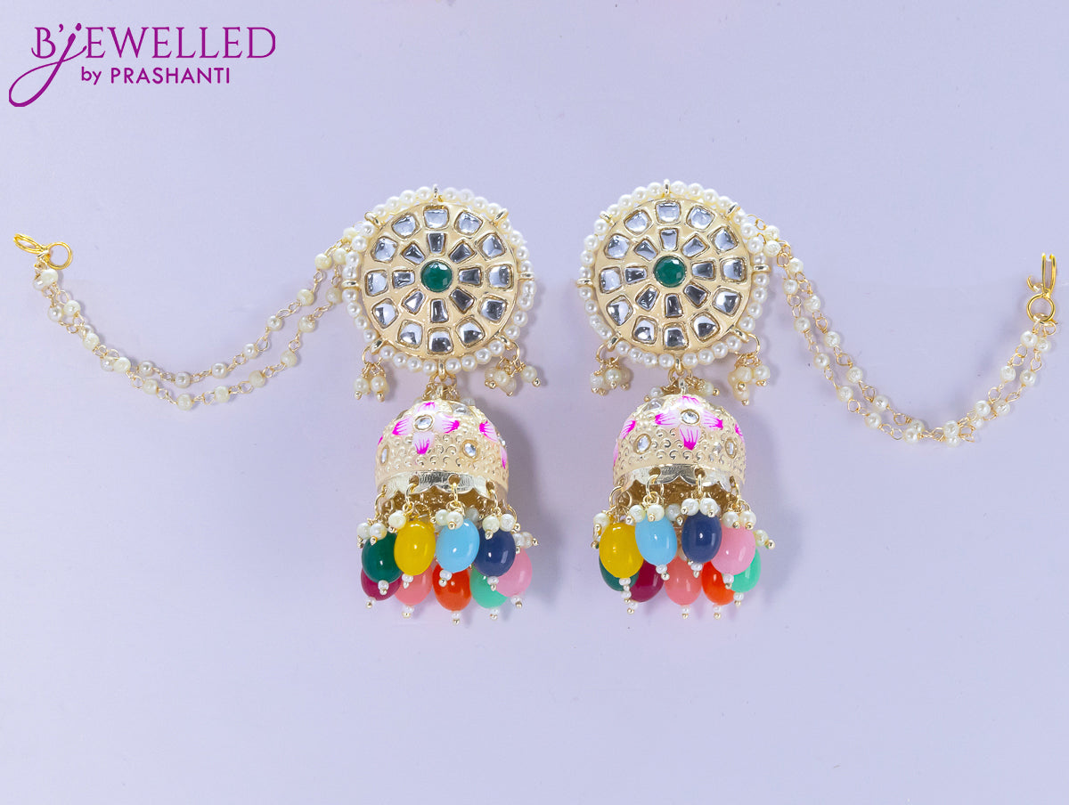Dangler jhumkas cream and multicolour bead hangings with pearl maatal