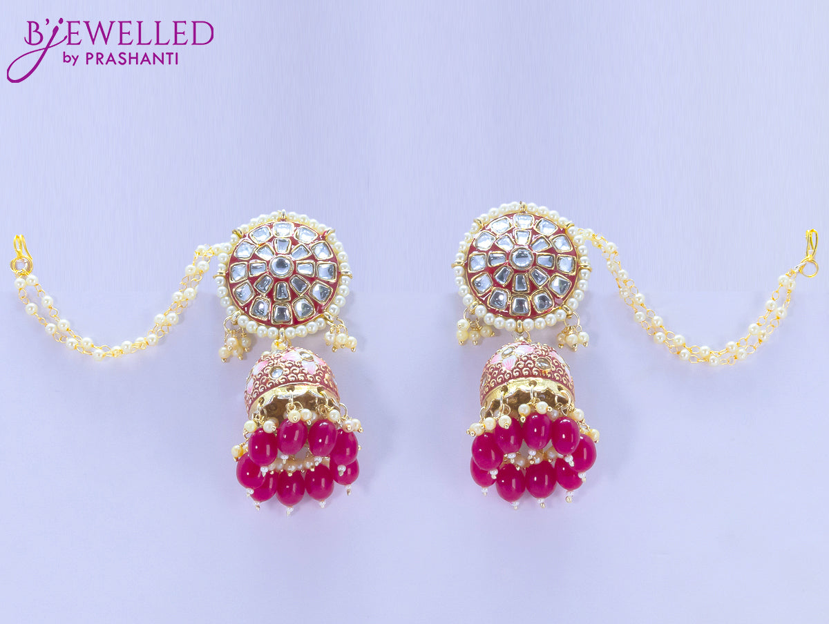 Dangler jhumkas floral design with pink bead hangings and pearl maatal