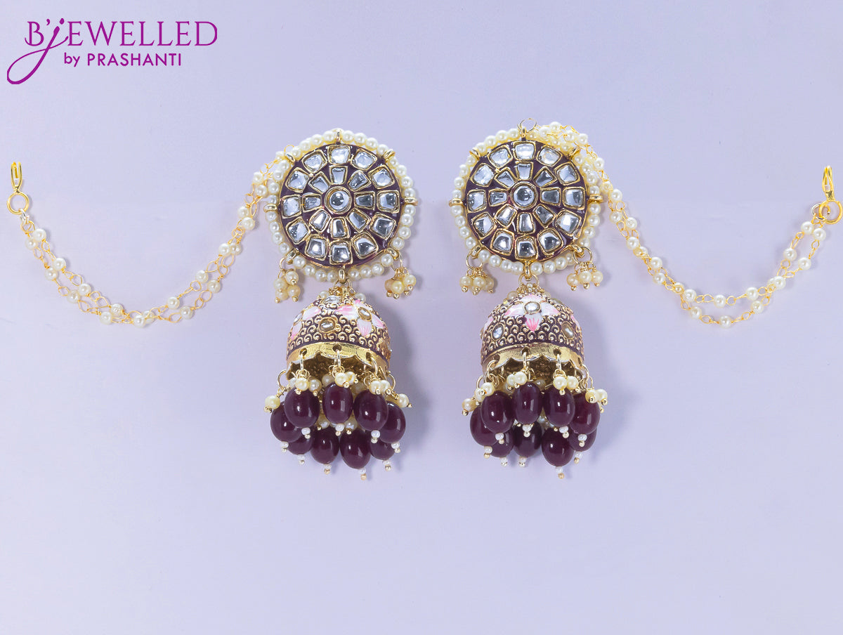 Dangler jhumkas floral design with brown bead hangings and pearl maatal