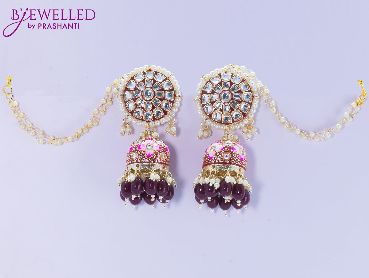 Dangler jhumkas floral design with maroon bead hangings and pearl maatal