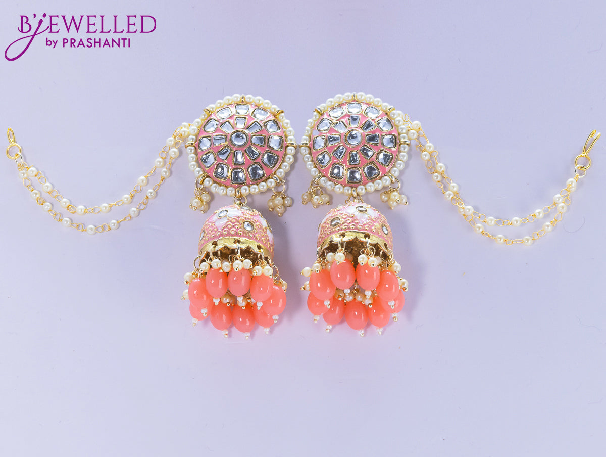 Dangler jhumkas floral design with peach bead hangings and pearl maatal
