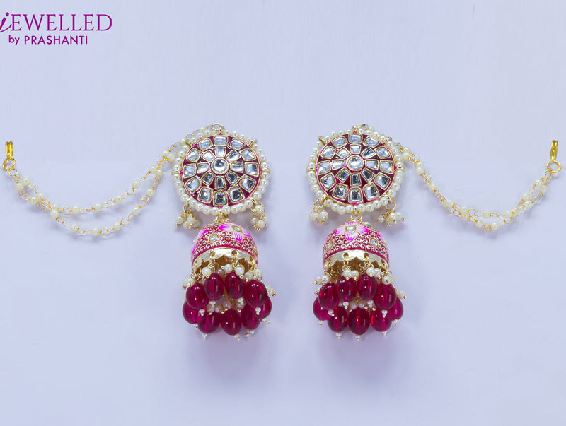 Dangler jhumkas floral design with pink bead hangings and pearl maatal