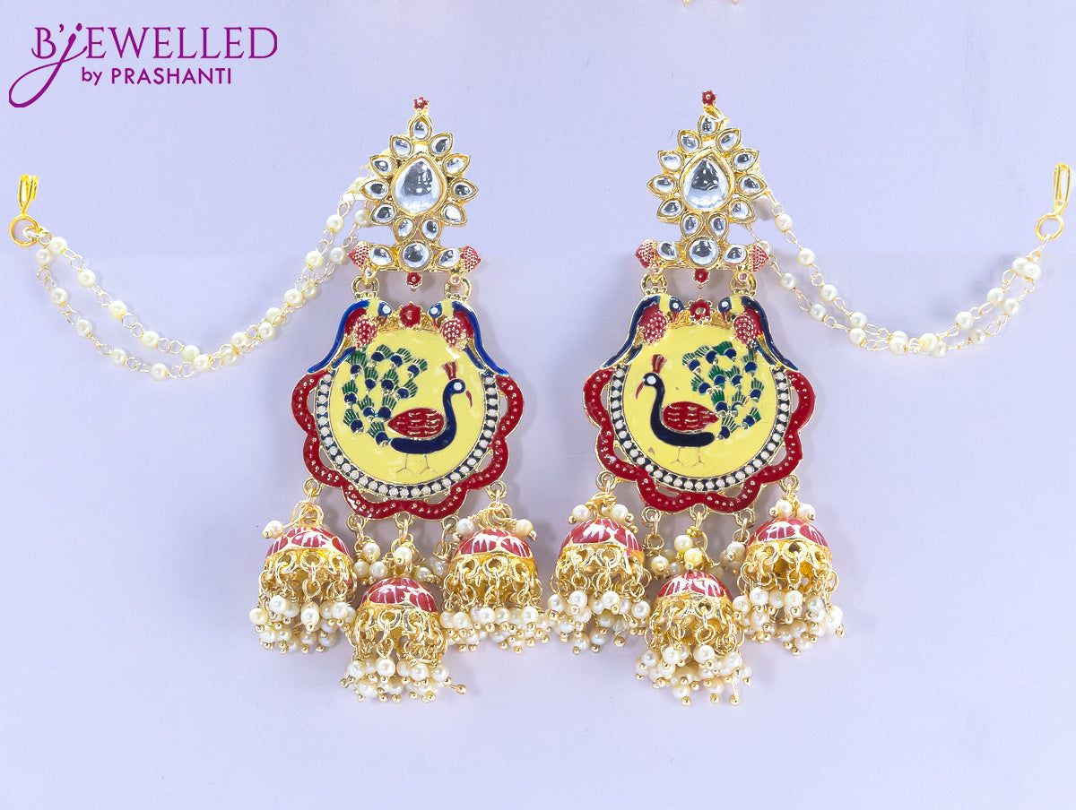 Dangler earrings peacock design red with pearl hangings and maatal