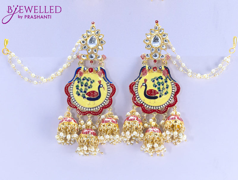 Dangler earrings peacock design red with pearl hangings and maatal
