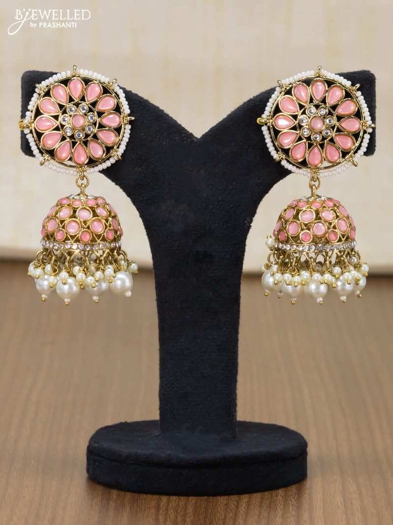 Dangler jhumkas with peach stone and pearl hangings