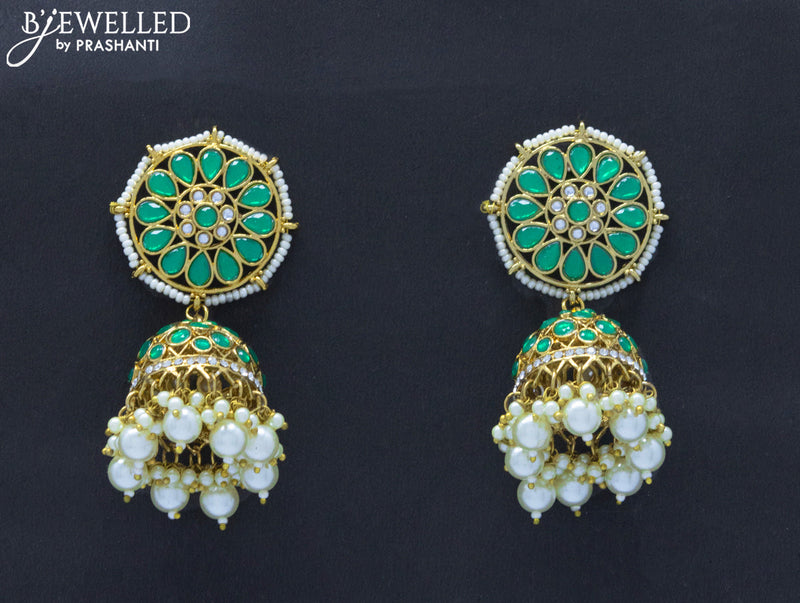 Dangler jhumkas with green stone and pearl hangings