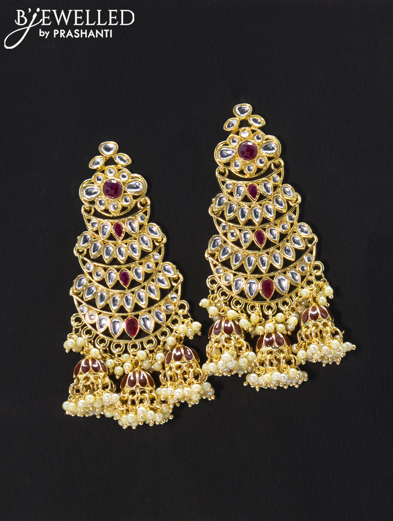 Dangler earrings maroon and kundan stone with pearl maatal