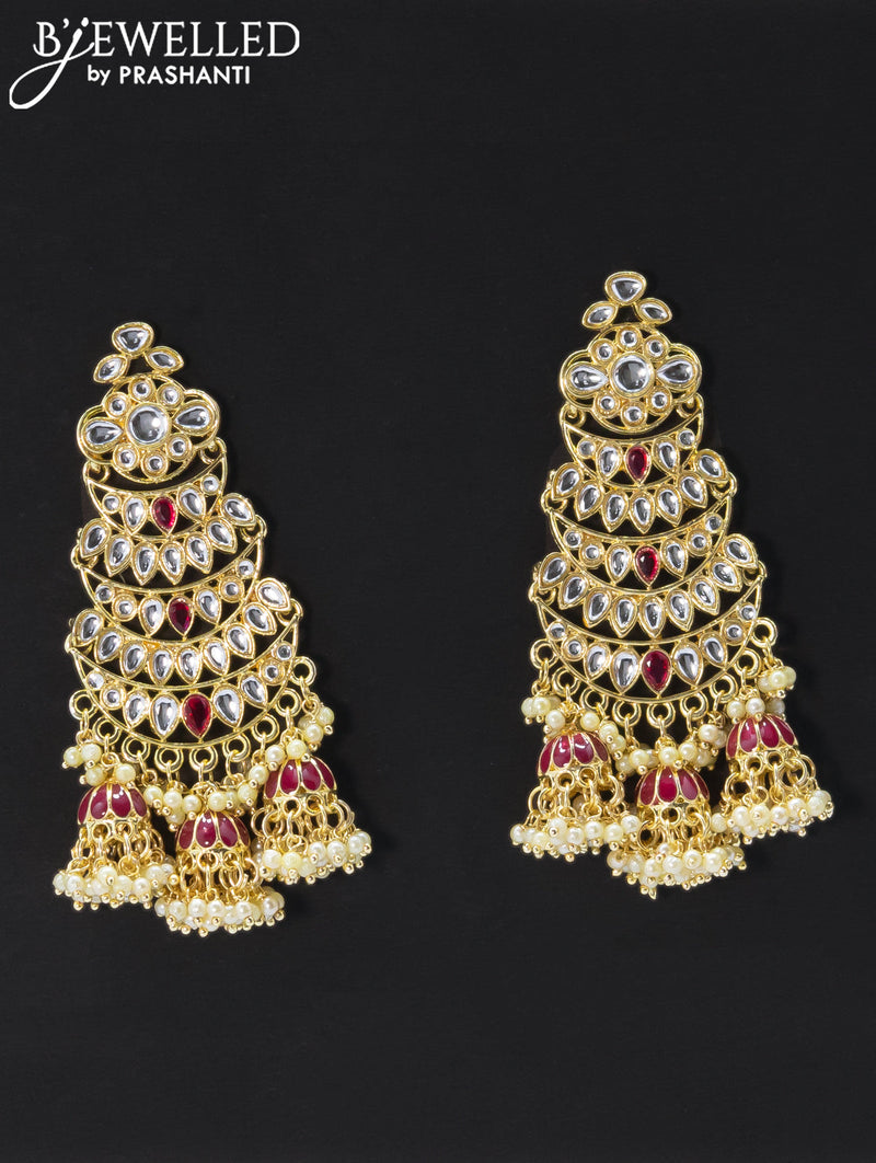 Dangler earrings dark pink and kundan stone with pearl maatal