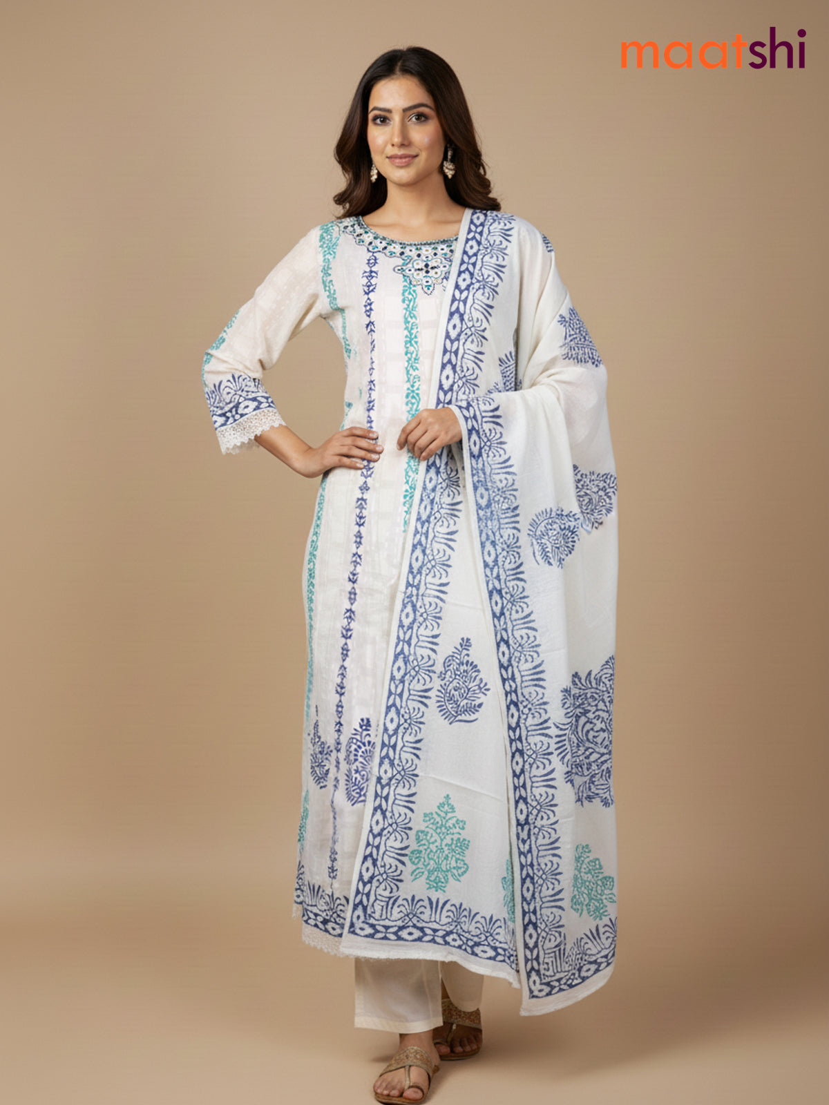 Cream and Teal Navy Blue Cotton Block Printed Anarkali Suit