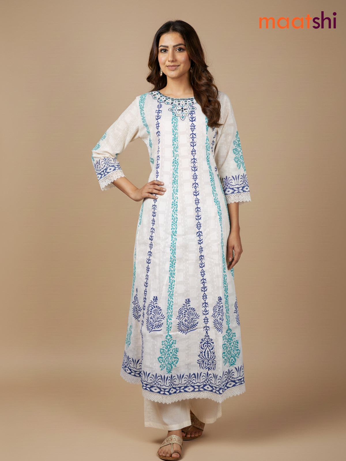 Cream and Teal Navy Blue Cotton Block Printed Anarkali Suit