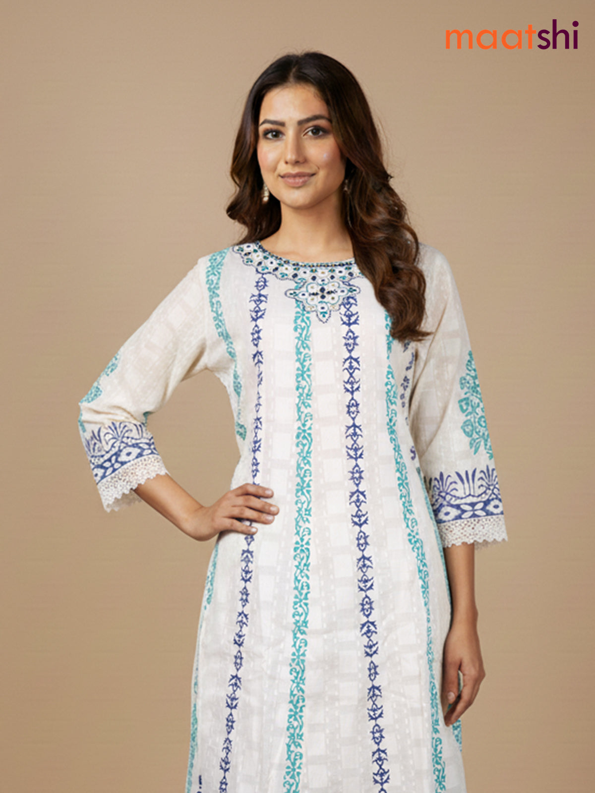 Cream and Teal Navy Blue Cotton Block Printed Anarkali Suit