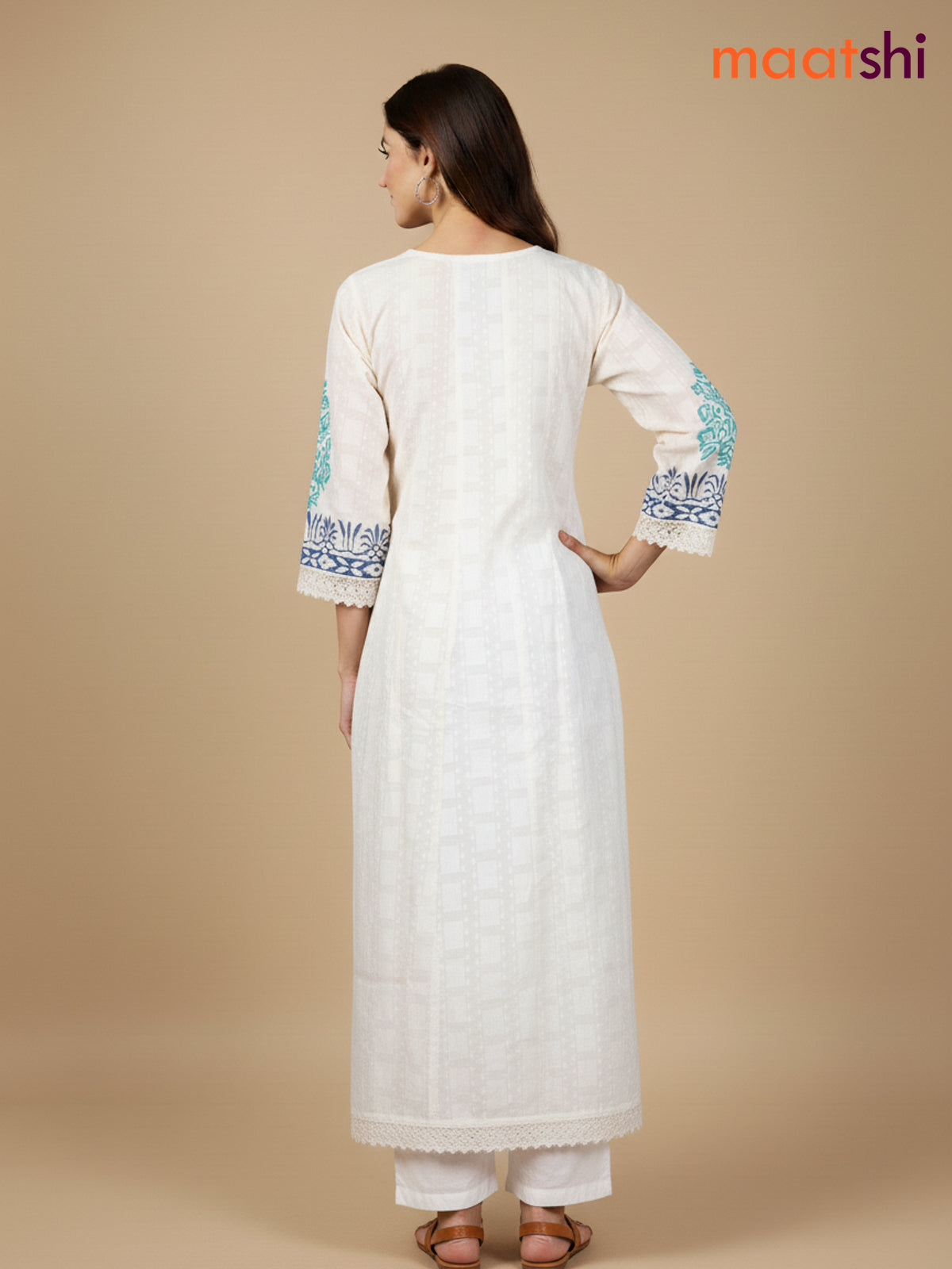 Cream and Teal Navy Blue Cotton Block Printed Anarkali Suit