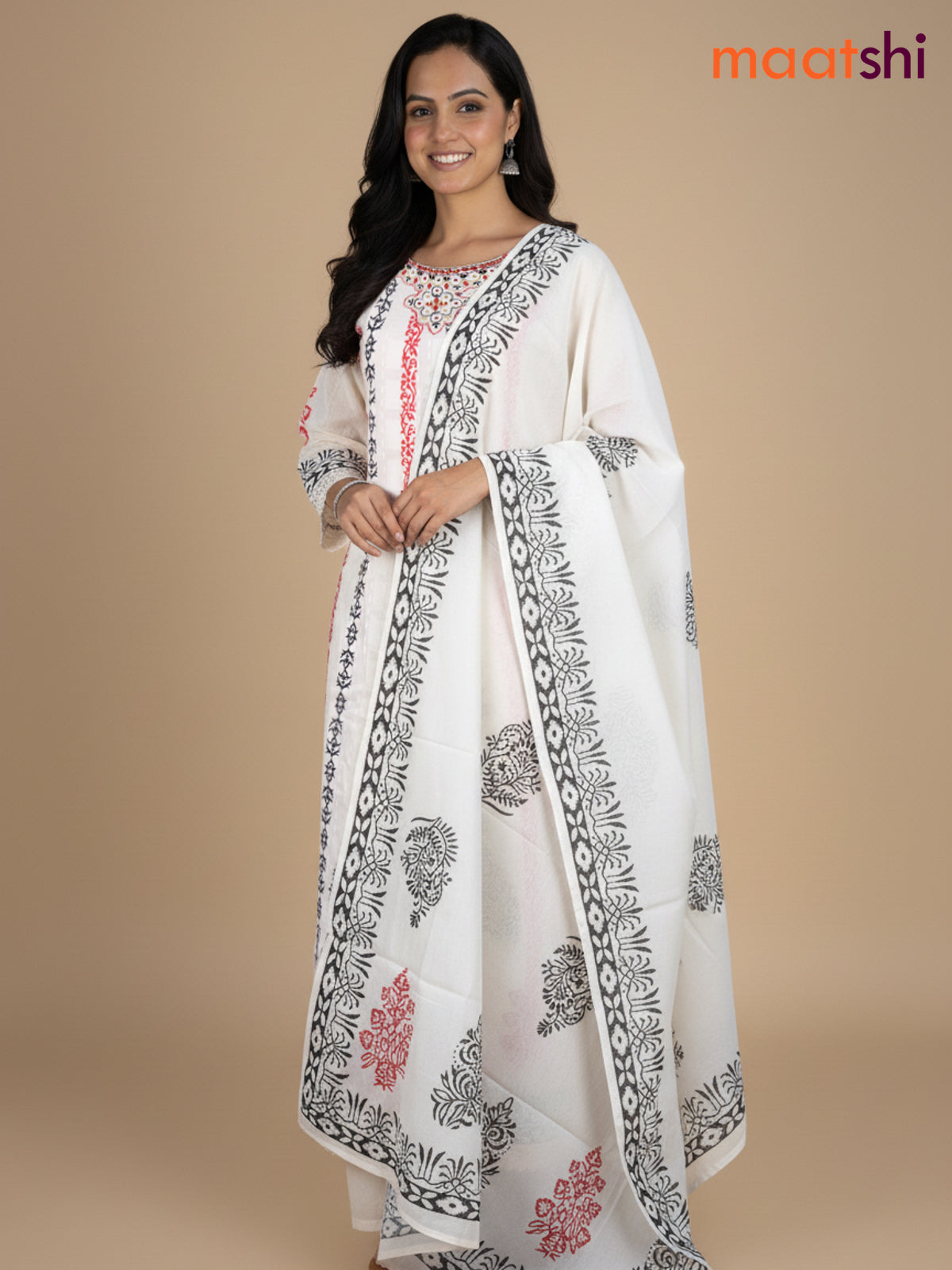 Cream and Maroon Black Cotton Block Printed Anarkali Suit
