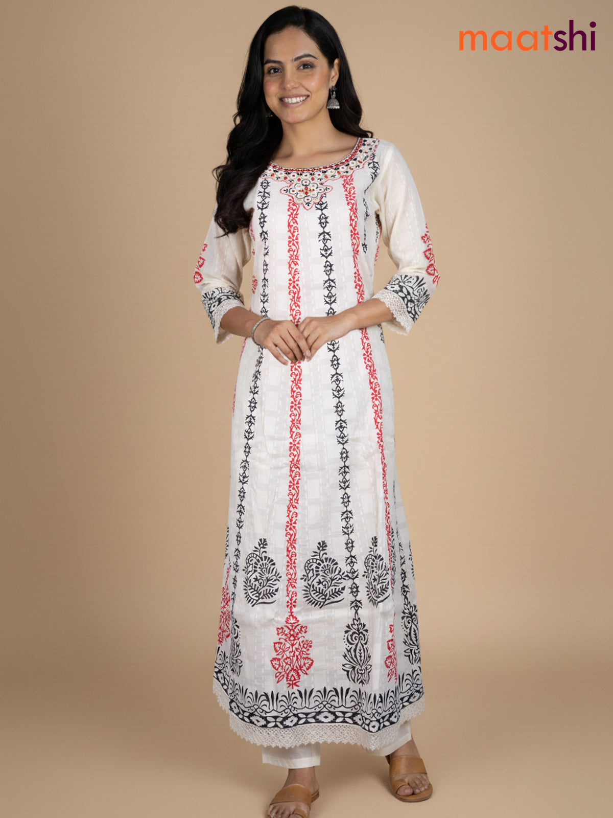 Cream and Maroon Black Cotton Block Printed Anarkali Suit