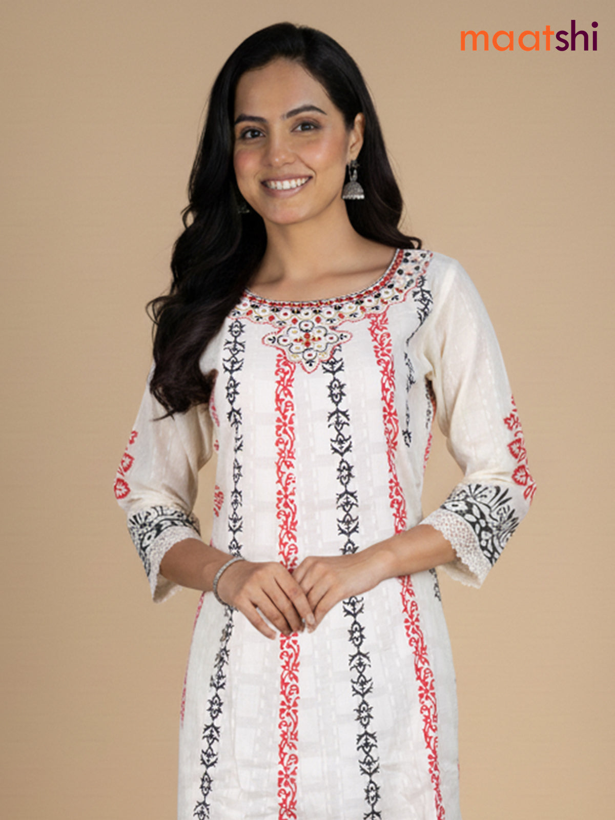 Cream and Maroon Black Cotton Block Printed Anarkali Suit