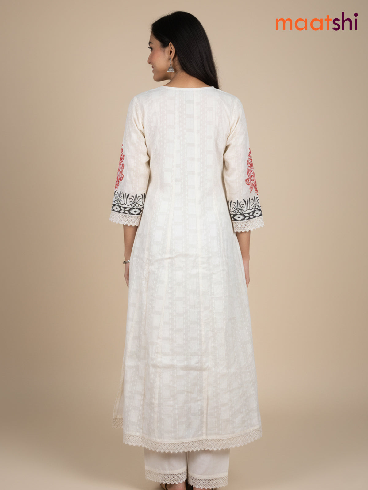 Cream and Maroon Black Cotton Block Printed Anarkali Suit