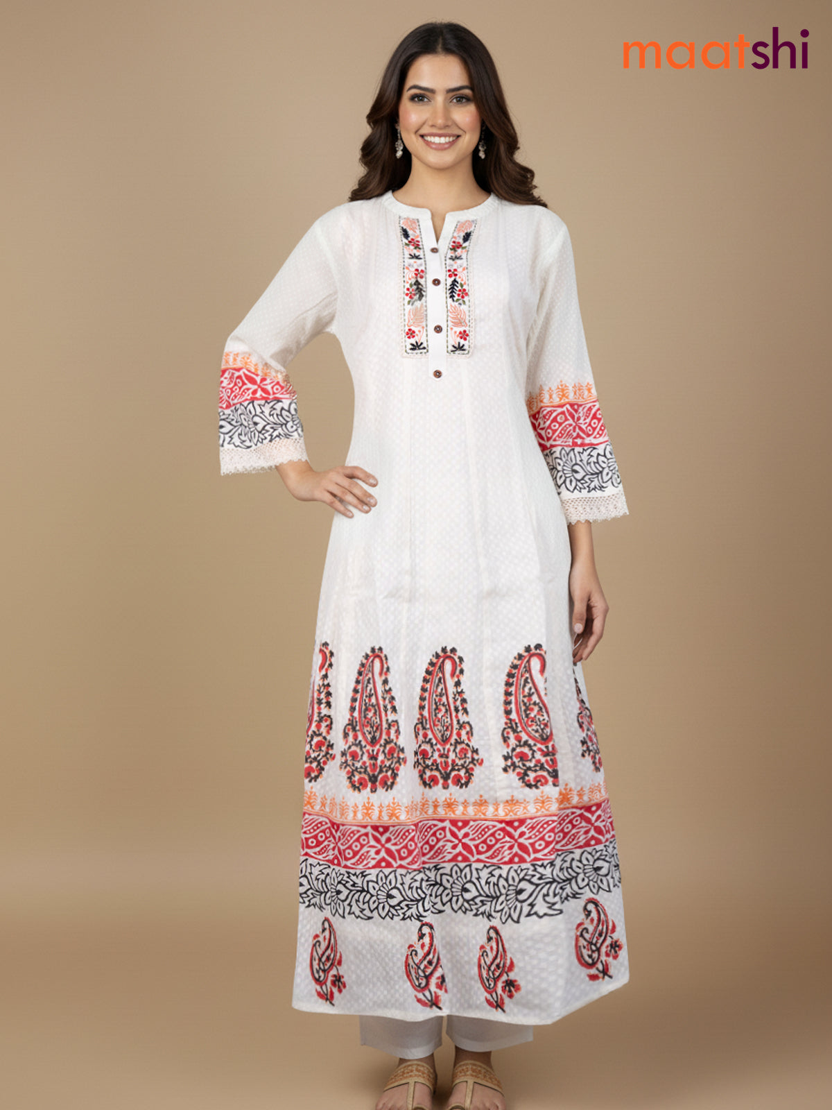 Cream and Maroon Black Cotton Block Printed Anarkali Suit