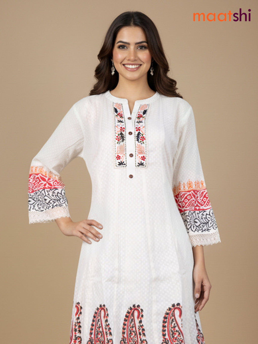 Cream and Maroon Black Cotton Block Printed Anarkali Suit