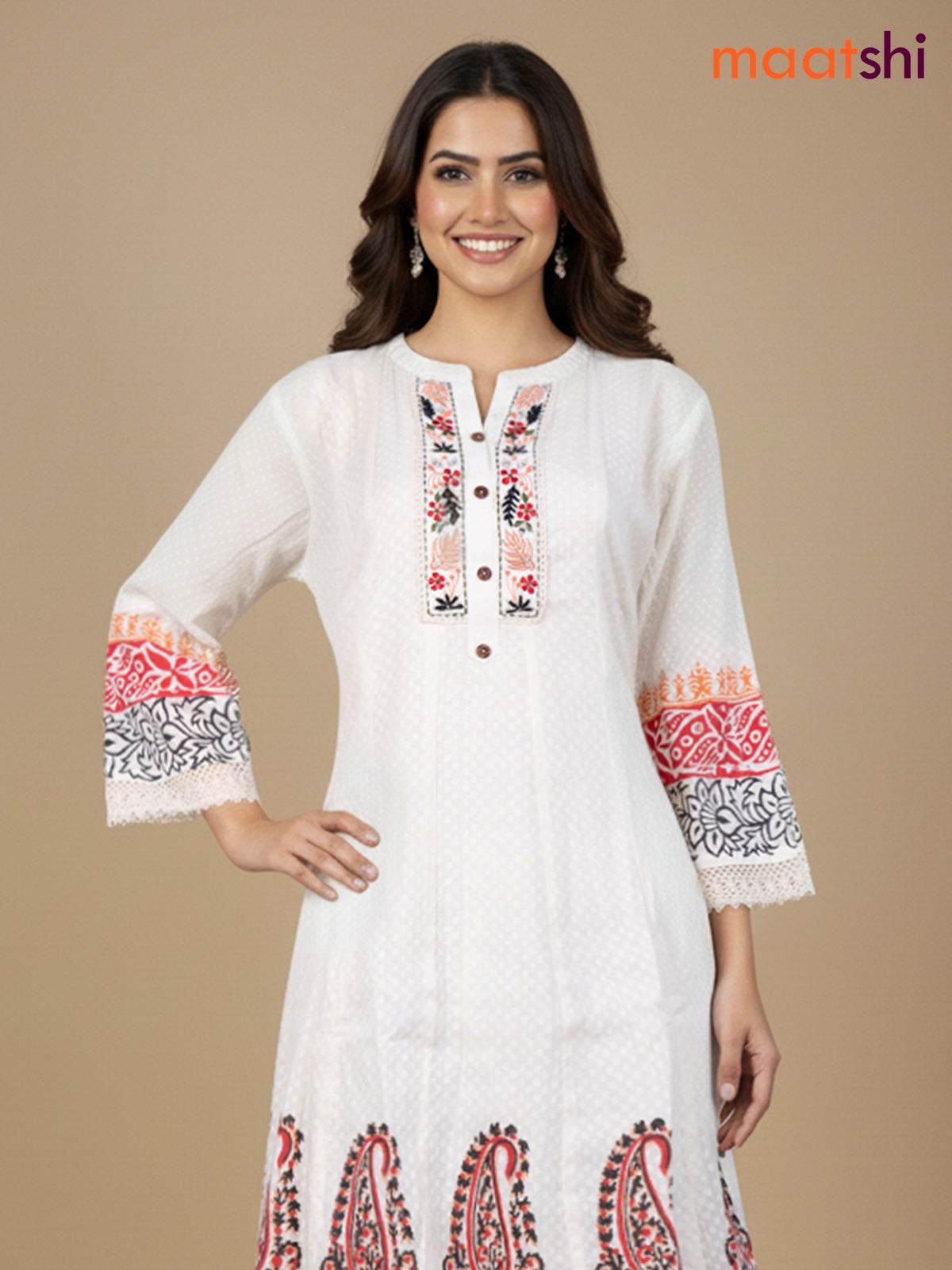 Cream and Maroon Black Cotton Block Printed Anarkali Suit