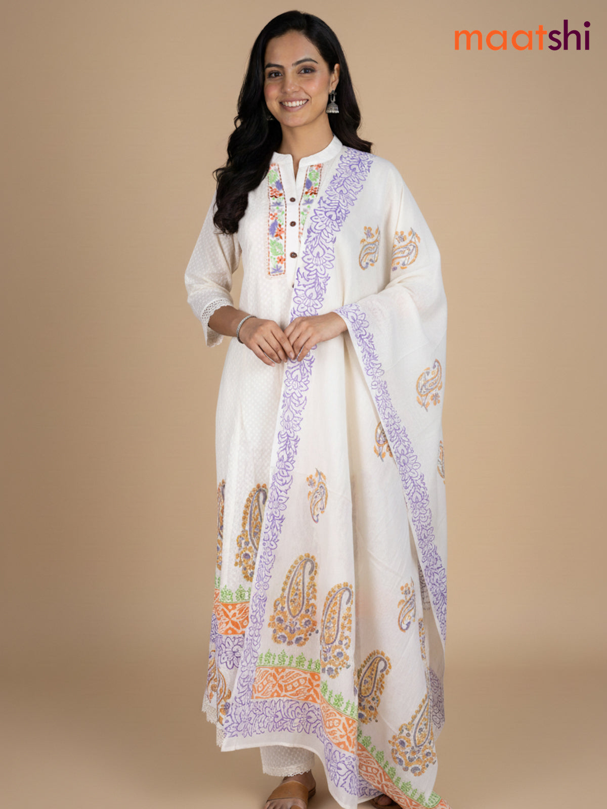 Cream and Orange Lavender Cotton Block Printed Anarkali Suit