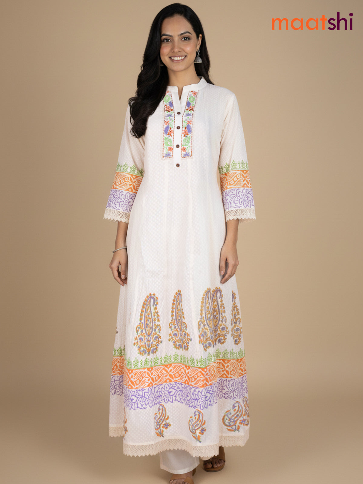 Cream and Orange Lavender Cotton Block Printed Anarkali Suit