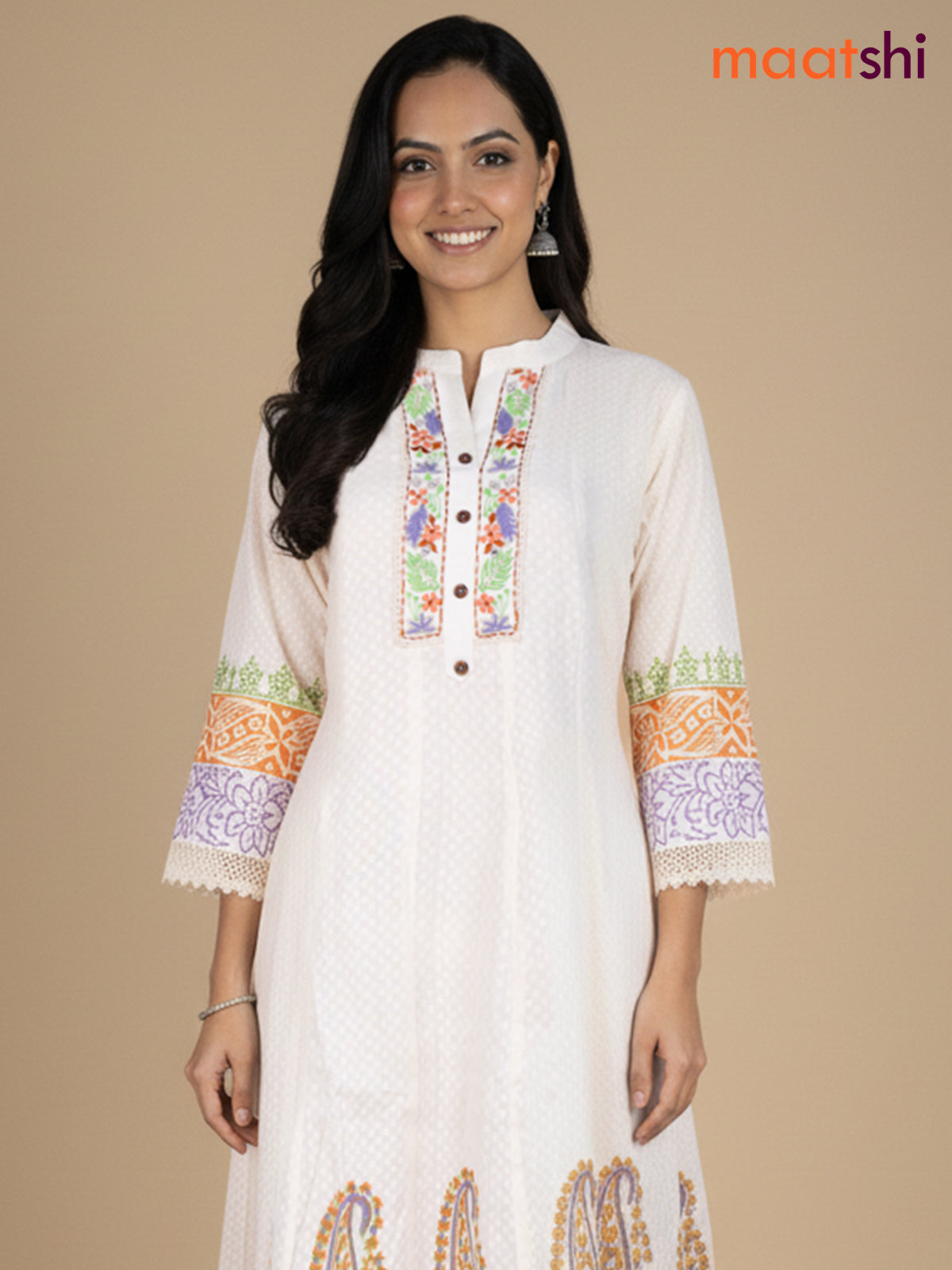 Cream and Orange Lavender Cotton Block Printed Anarkali Suit