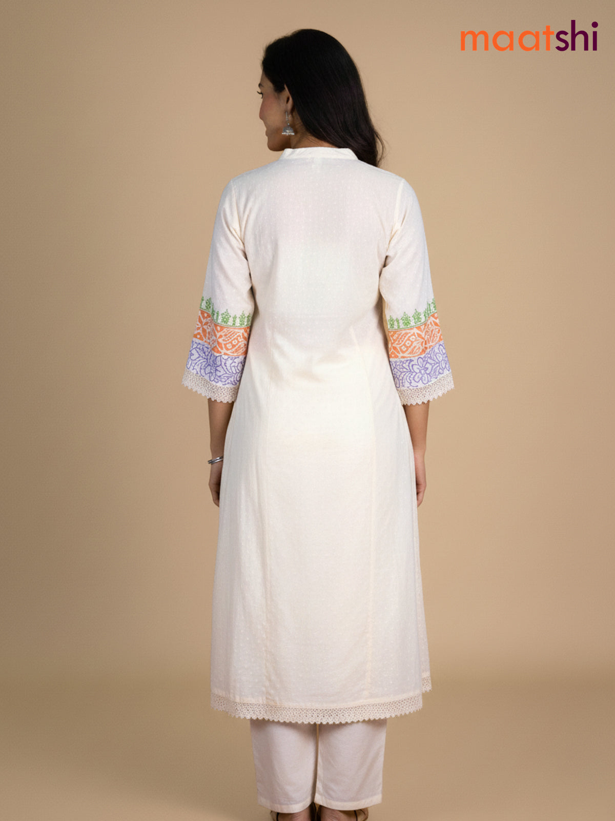 Cream and Orange Lavender Cotton Block Printed Anarkali Suit