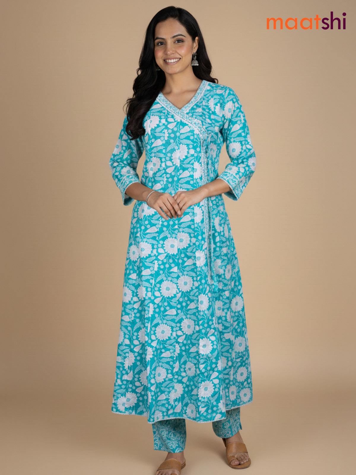 Teal Blue Cotton Floral Printed Anarkali Suit