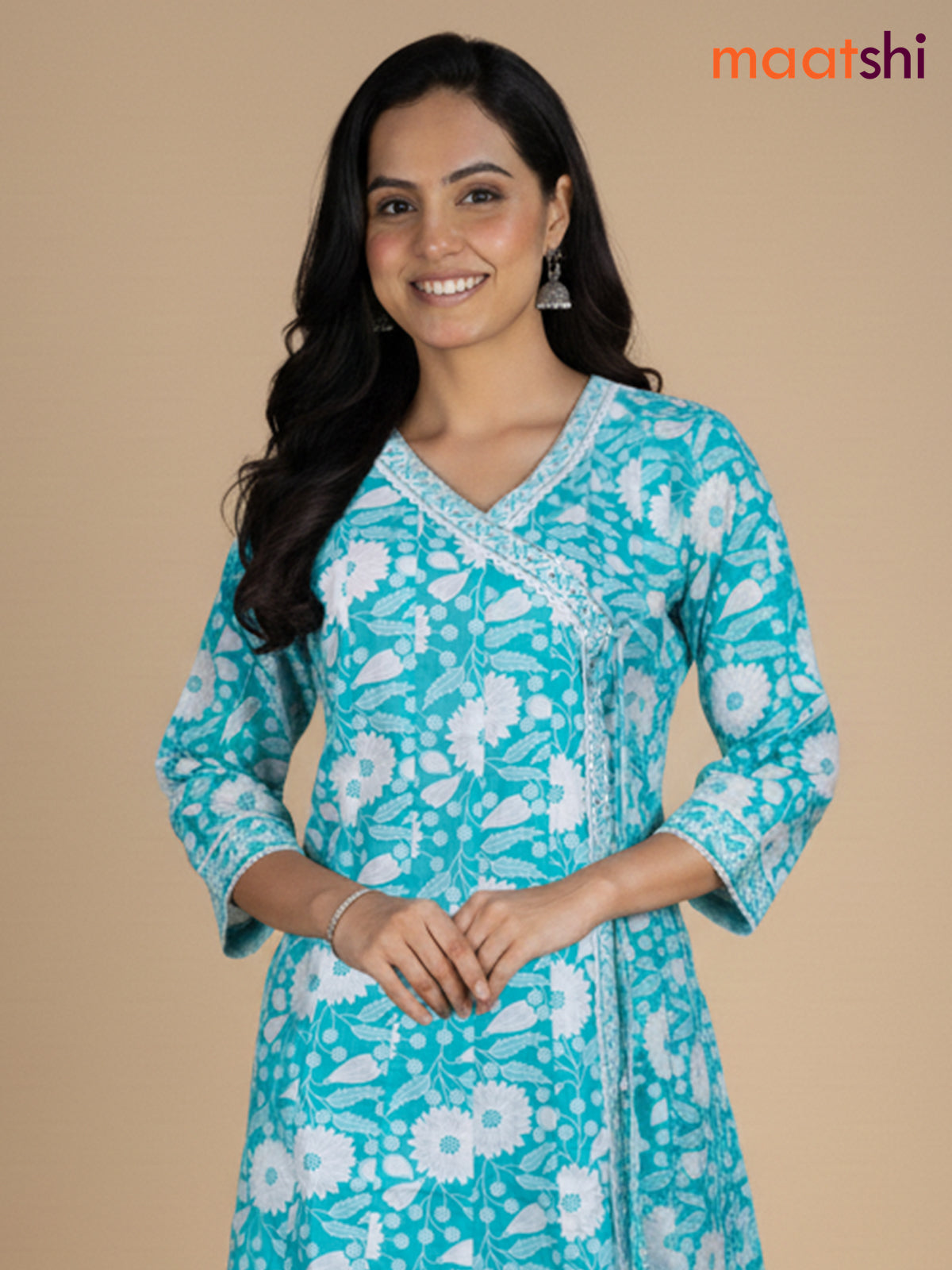 Teal Blue Cotton Floral Printed Anarkali Suit
