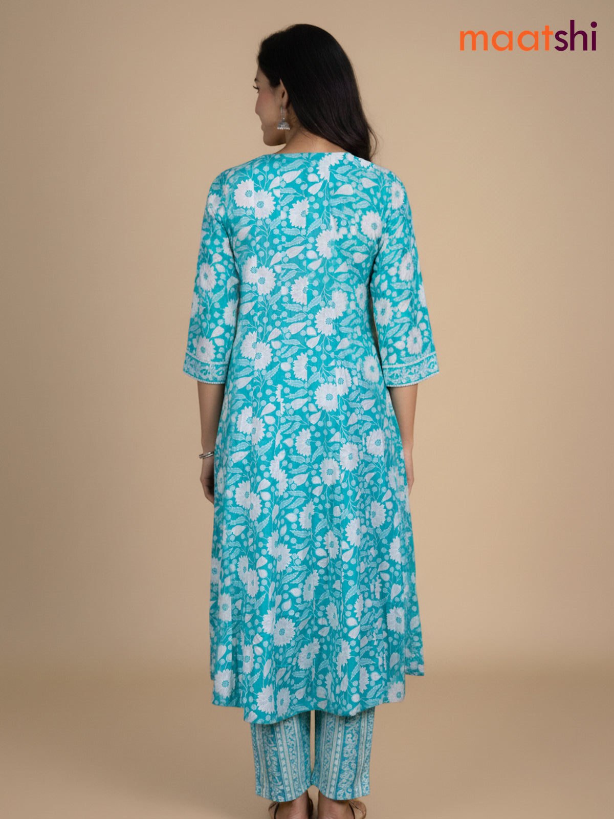 Teal Blue Cotton Floral Printed Anarkali Suit