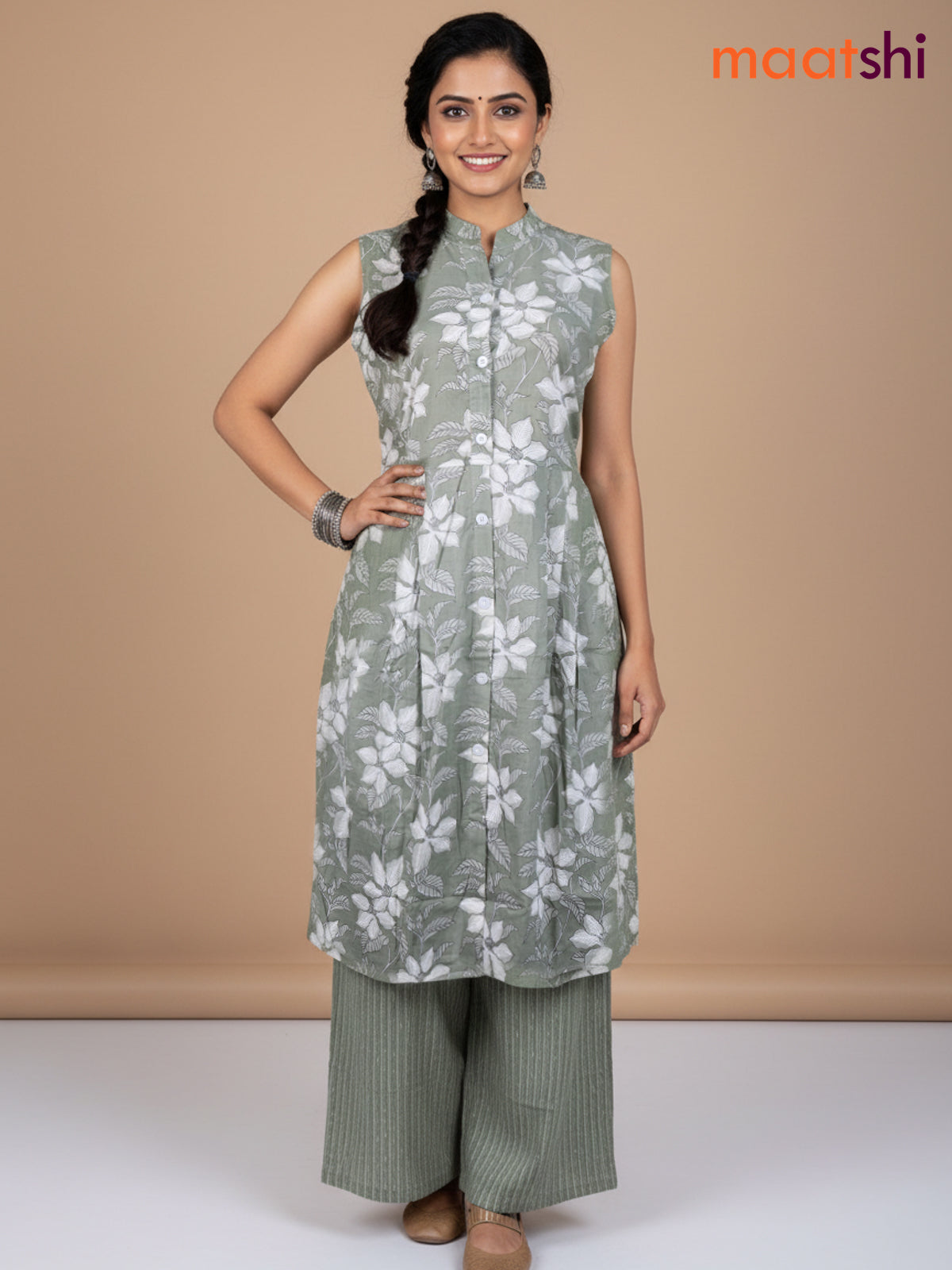 Pastel Green Cotton Printed Kurti Set
