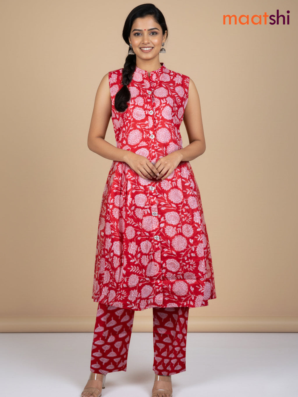 Red and Off White Cotton Printed Kurti Set