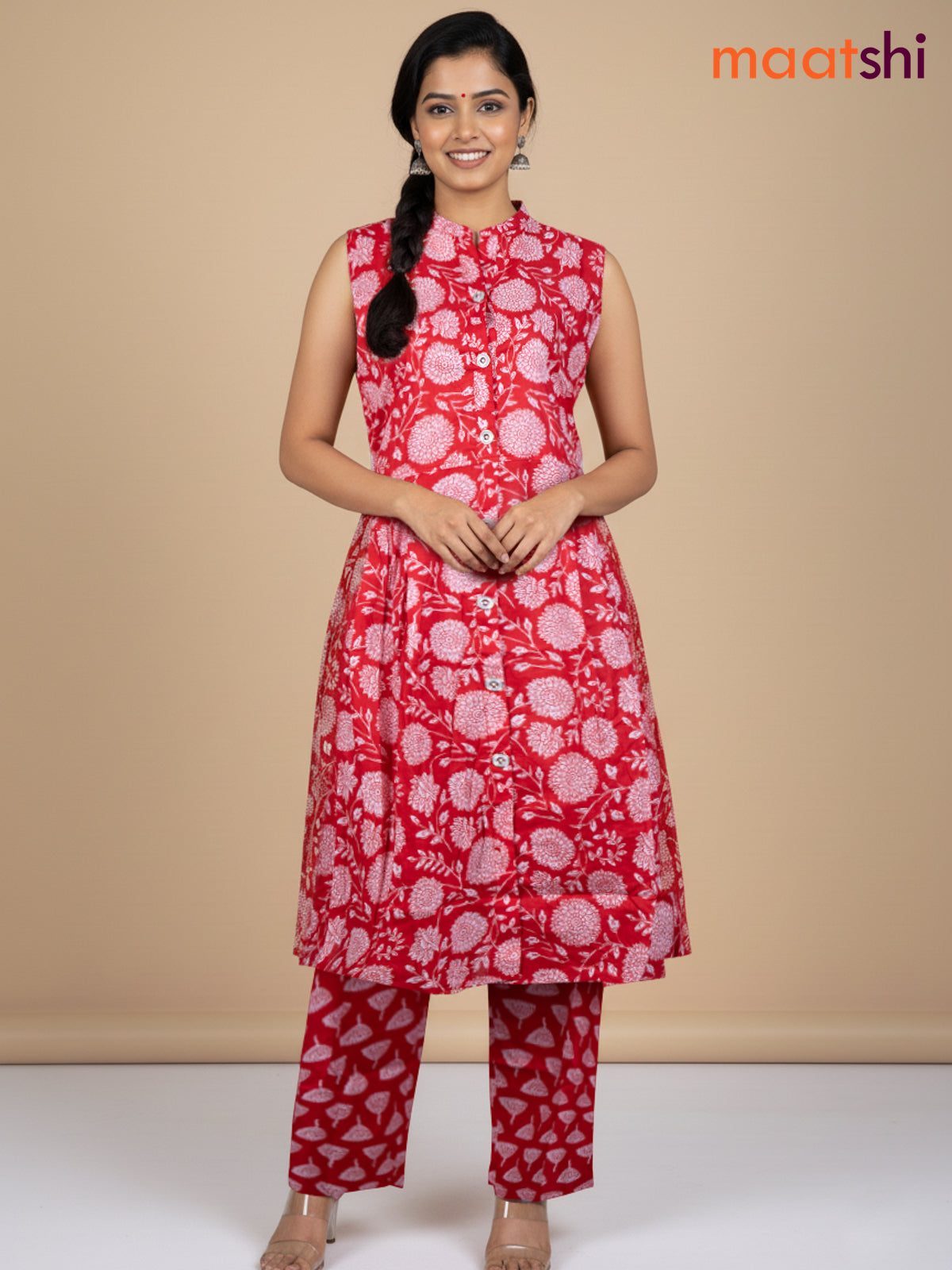 Red and Off White Cotton Printed Kurti Set