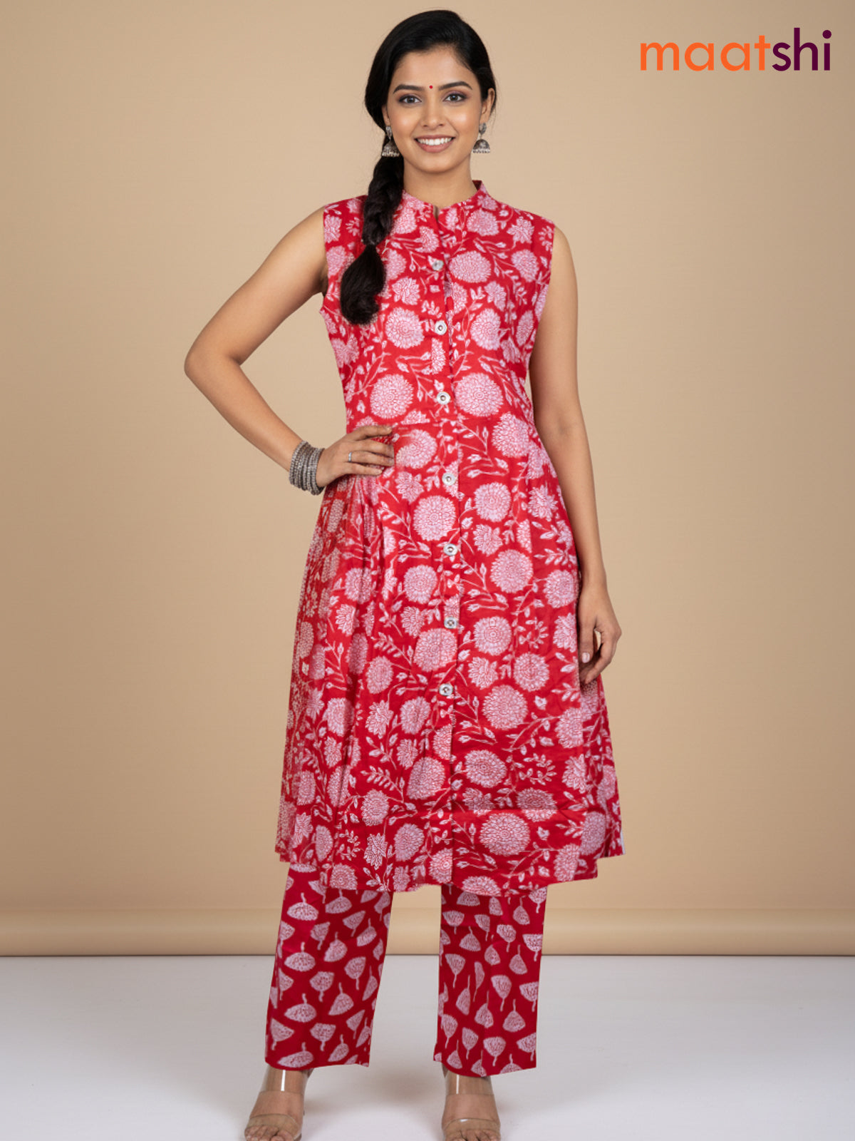 Red and Off White Cotton Printed Kurti Set