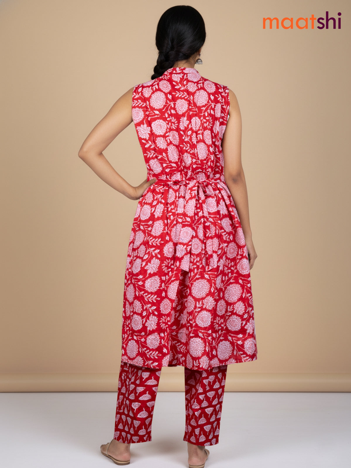 Red and Off White Cotton Printed Kurti Set