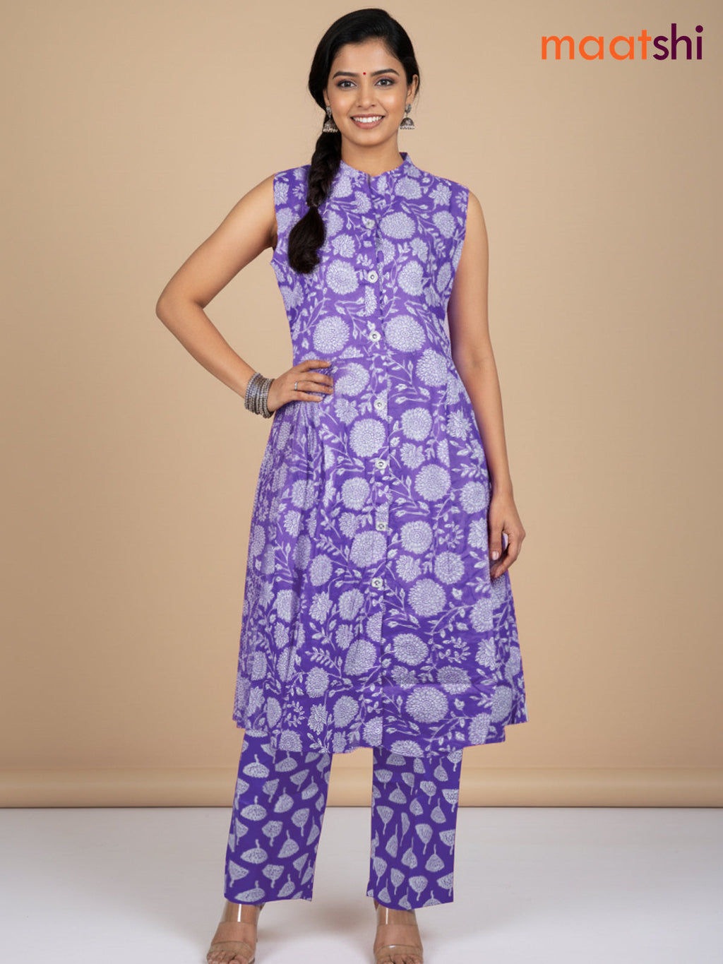 Lavender and Off White Cotton Printed Kurti Set