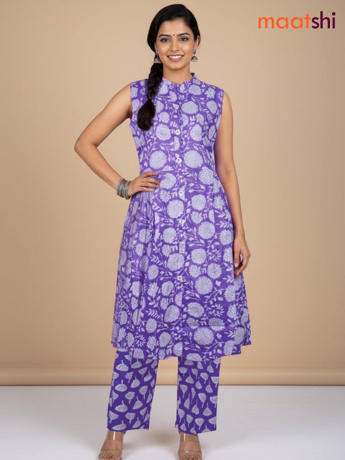 Lavender and Off White Cotton Printed Kurti Set