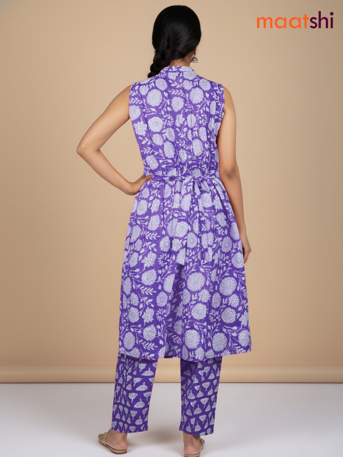 Lavender and Off White Cotton Printed Kurti Set
