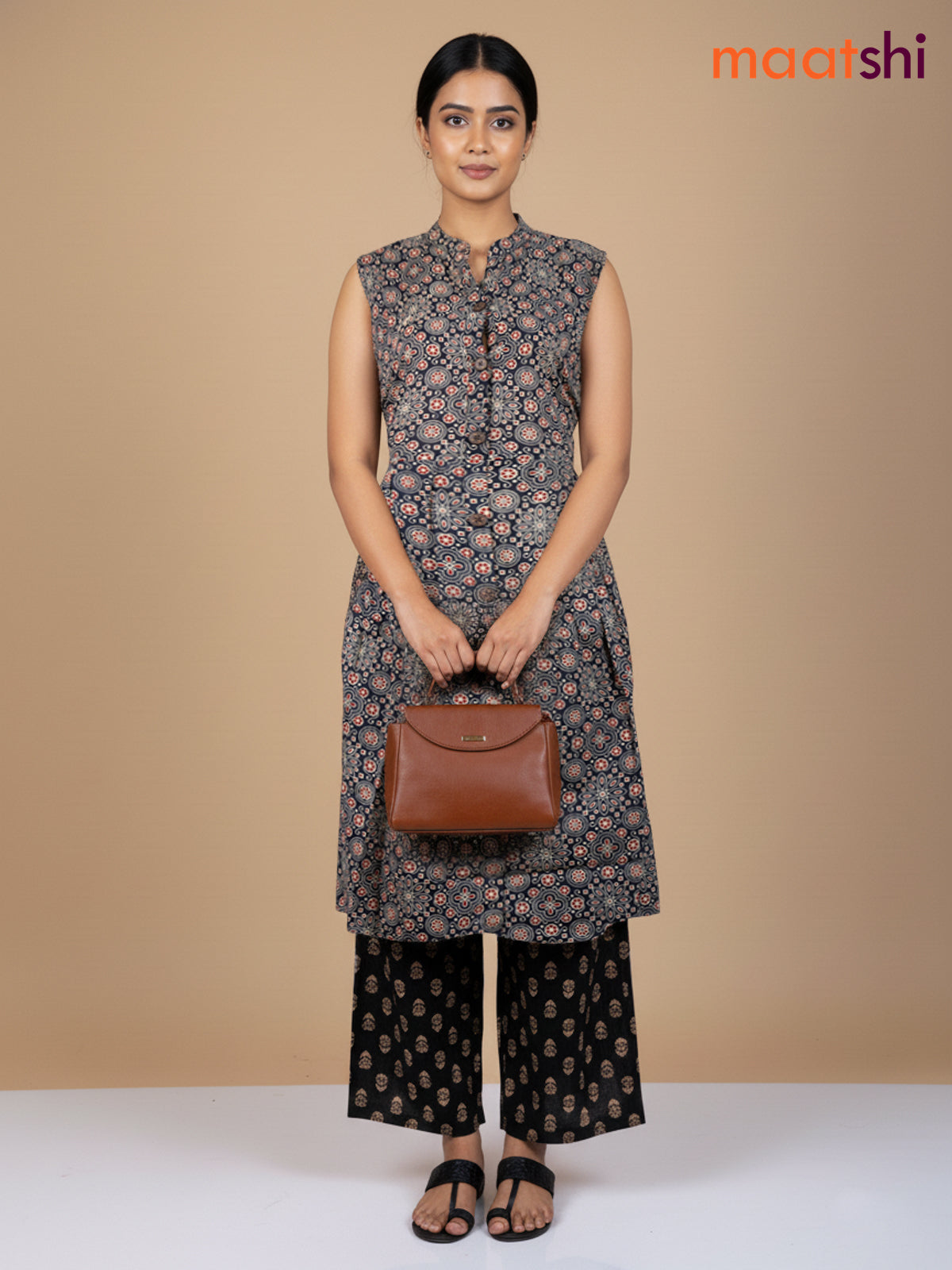 Black Cotton Ajrakh Printed Kurti Set