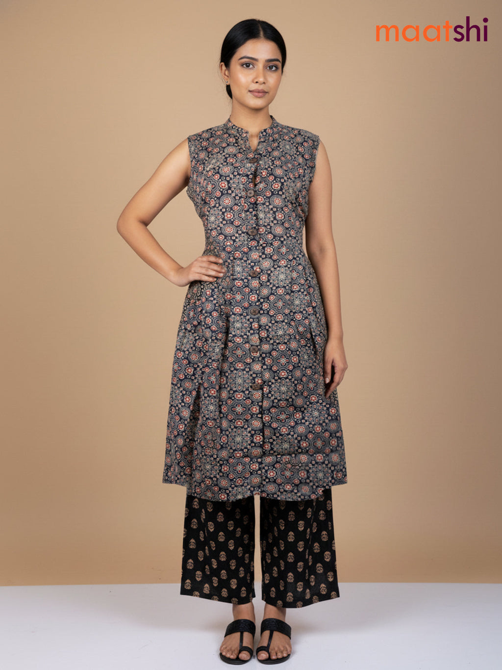 Black Cotton Ajrakh Printed Kurti Set