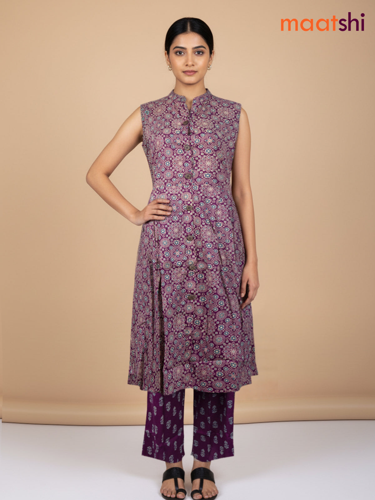 Purple Shade Cotton Ajrakh Printed Kurti Set
