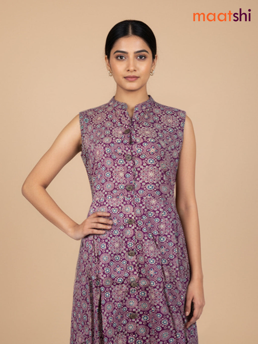 Purple Shade Cotton Ajrakh Printed Kurti Set