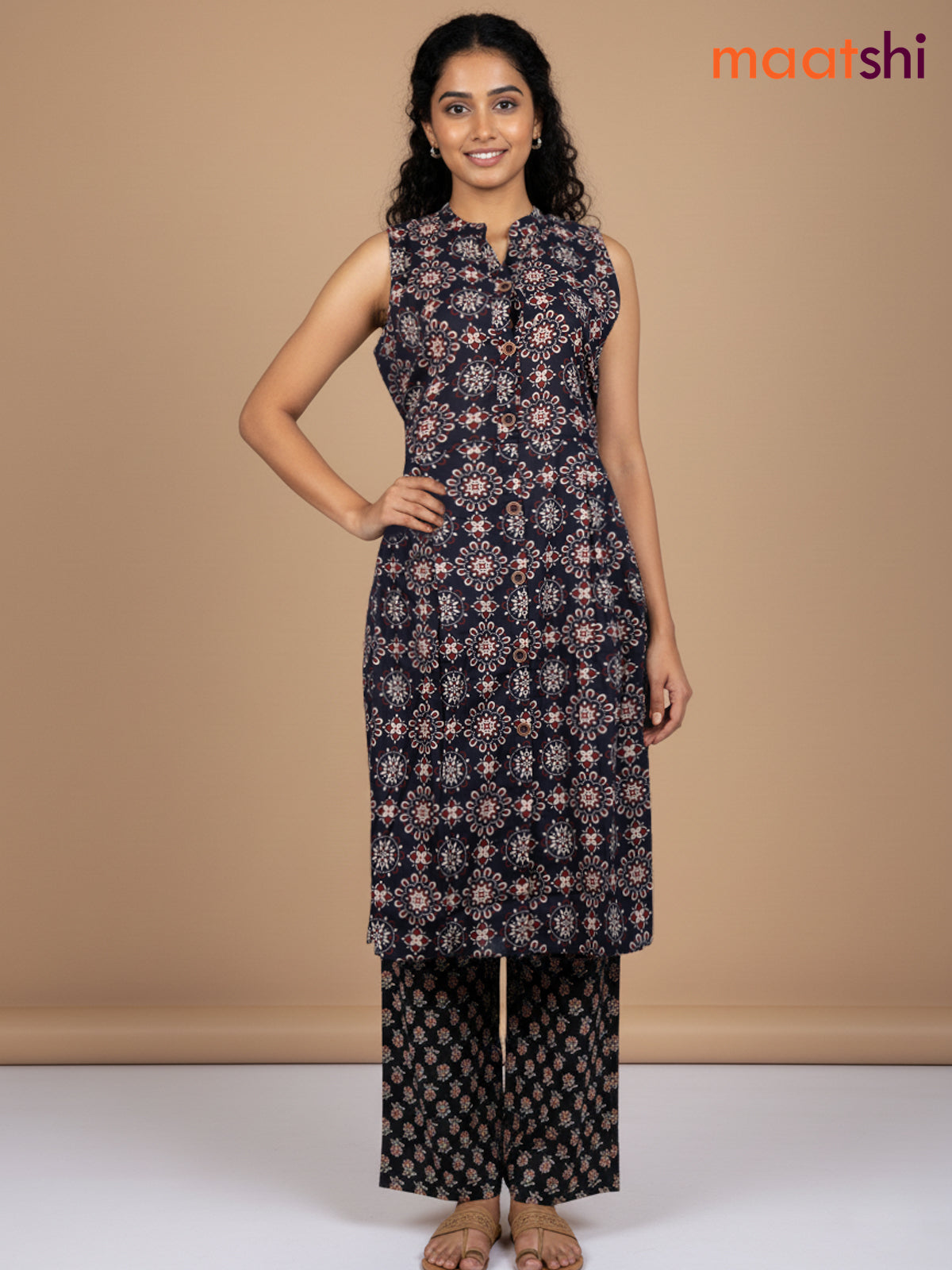 Black Cotton Ajrakh Printed Kurti Set