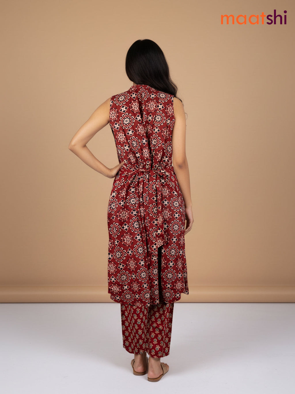 Maroon Cotton Ajrakh Printed Kurti Set