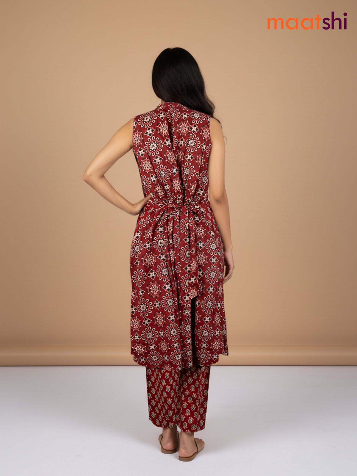 Maroon Cotton Ajrakh Printed Kurti Set