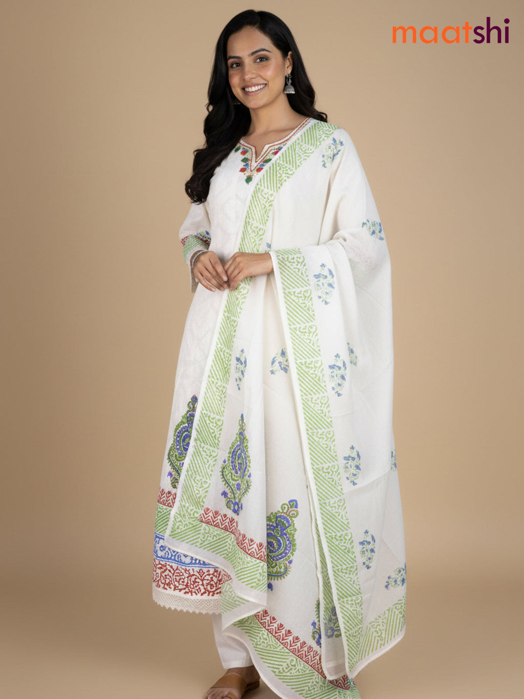 Cream and Green Blue Cotton Block Printed Anarkali Suit