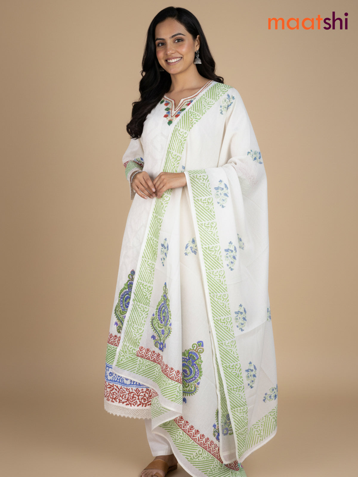 Cream and Green Blue Cotton Block Printed Anarkali Suit