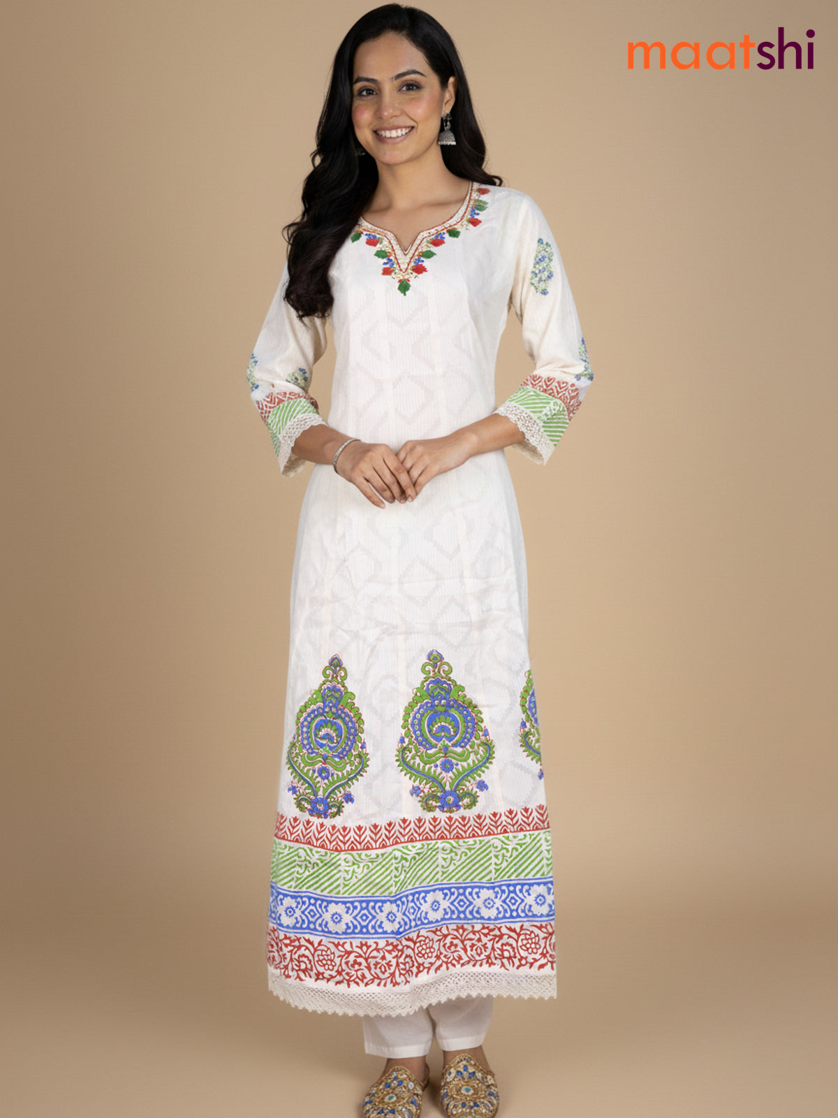 Cream and Green Blue Cotton Block Printed Anarkali Suit