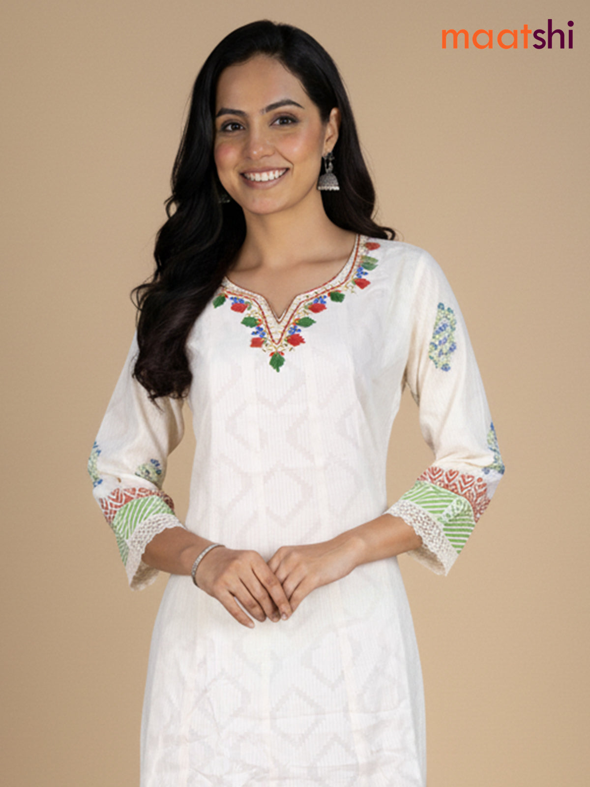 Cream and Green Blue Cotton Block Printed Anarkali Suit